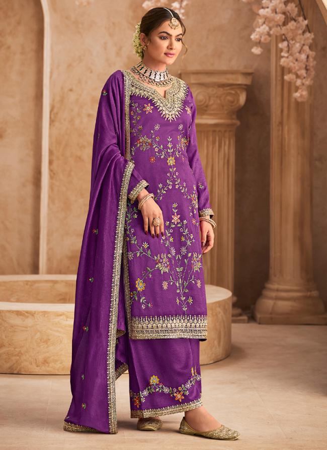 Chinnon Purple Ceremonial Wear Embroidery Work Readymade Plazzo Suit